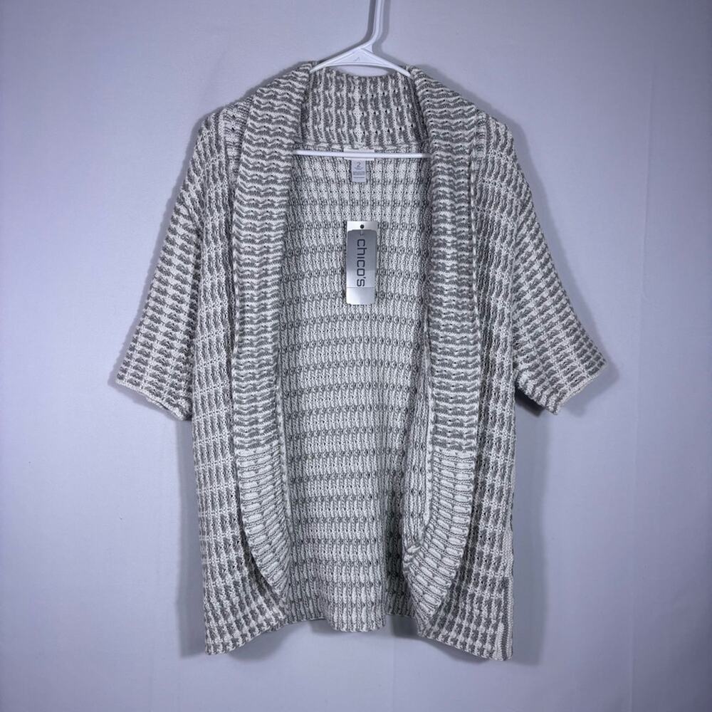 NWT Chico's Gray & Cream Open-Front Cardigan Metallic Gold Threads Large T3